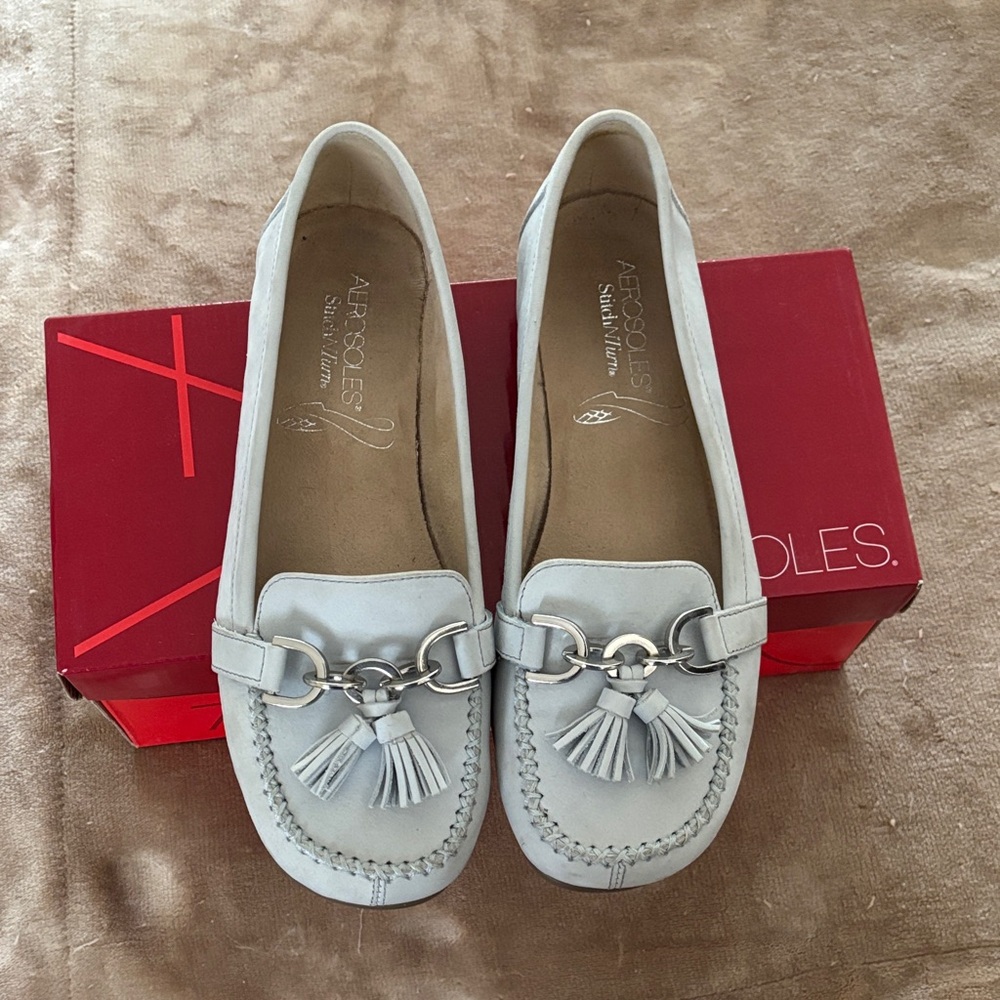 AEROSOLES pale blue Leather Tassel Bit Loafers